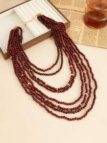 1 chiếc vòng cổ hạt gỗ nhiều lớp phong cách Bohemian, vòng cổ nhiều lớp màu đỏ cổ điển, phù hợp cho nữ. Vòng cổ hạt gỗ nhiều sợi thủ công cầu kỳ, vòng cổ dài cá nhân hóa. - Màu Đỏ Sâu - Xem 4