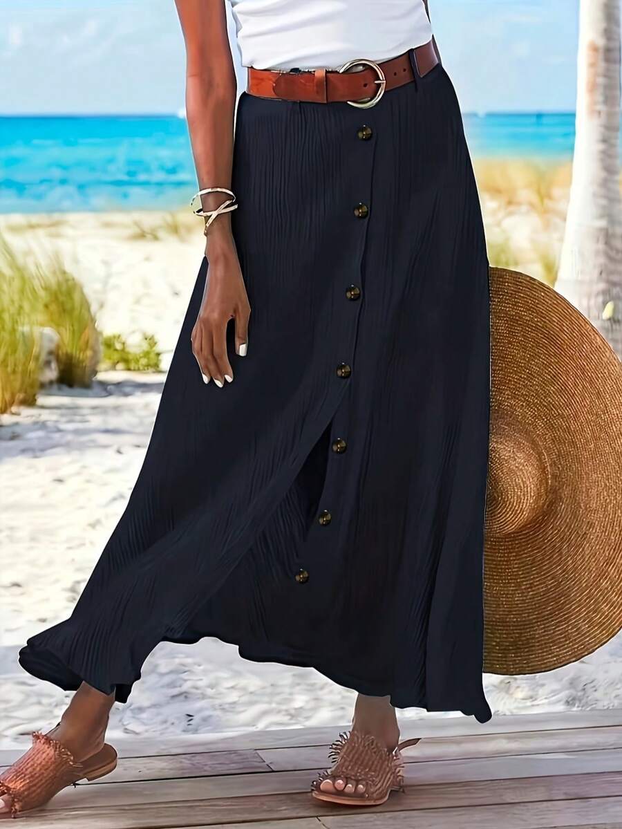 Women's Button Front A-Line Maxi Skirt, Woven Fabric, Non-Stretch, Casual Elegant - Navy Blue - View 1