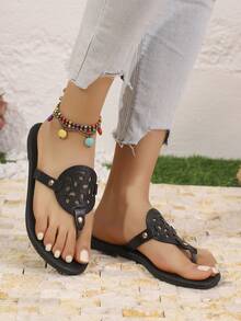 Giày sandal đế bằng nữ thời trang thường ngày, tối giản, thanh lịch, dễ thương, đa năng, màu trắng bóng, sandal đế bằng nữ màu đen bóng, sandal đế bằng nữ màu xanh bóng, sandal đế bằng màu nâu, đính đá, đính hạt, thích hợp ở nhà, thoải mái, đi mua sắm, đi chơi, cỡ lớn, đi biển, mùa hè, kiểu xỏ chân, họa tiết khoét tròn, mũi tròn, dép xỏ ngón đế bằng. - màu đen - Xem 4