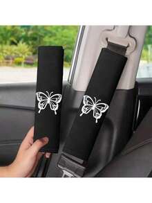 1/2pcs Black & White Butterfly Pattern Car Shoulder Pad Cover, Soft & Breathable - Butterfly Pattern Shoulder Pads - View 4