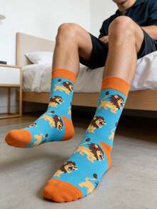 1双男士蓝橙撞色卡通狮子图案中筒袜，适合日常穿着，四季皆宜。 - 彩色 - 查看 2