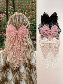 3 Peças Presilhas de Cabelo com Laço de Renda para Mulheres, Acessórios de Cabelo com Fita Longa de Bordado de Fada Doce e Elegante, Design de Bordado de Malha Estilo Floresta, Adereços de Decoração para Casamento e Noiva, Acessórios para Apresentação em Palco, Cosplay e Festa, Adequado para Ocasiões Especiais como Presentes Requintados para Família ou Amigos da Escola - Multicolorido - Visão 1