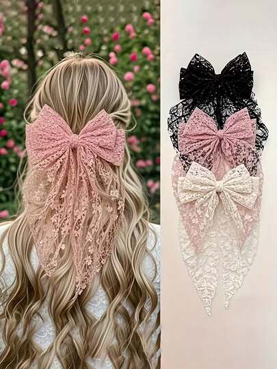 3 piezas Clip de pelo de primavera con lazo de encaje para damas, accesorio de pelo elegante y dulce con cinta bordada, diseño de bordado de malla estilo bosque, decoración de boda, accesorios para actuaciones y fiestas, adecuado para ocasiones especiales para regalar a familiares o amigos