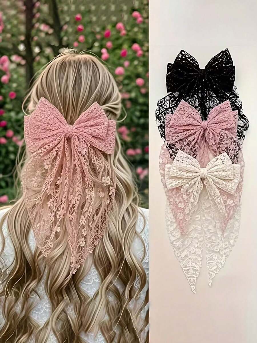 3 Peças Presilhas de Cabelo com Laço de Renda para Mulheres, Acessórios de Cabelo com Fita Longa de Bordado de Fada Doce e Elegante, Design de Bordado de Malha Estilo Floresta, Adereços de Decoração para Casamento e Noiva, Acessórios para Apresentação em Palco, Cosplay e Festa, Adequado para Ocasiões Especiais como Presentes Requintados para Família ou Amigos da Escola - Multicolorido - Visão 1