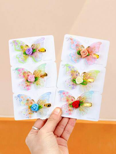 Bộ 6 kẹp tóc lưới hình bướm và hoa hồng, màu hồng, tím, xanh dương, cam, trắng, đỏ - 6 sự kết hợp màu sắc tươi mới - Phù hợp cho phụ nữ và bé gái, sử dụng hàng ngày, đi học, du lịch, dự tiệc, chụp ảnh.