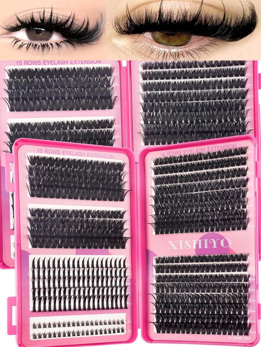 Kit de extensiones de pestañas rusas de 556 piezas/180 piezas, con pestañas individuales en espiga de volumen 100D 120D, racimos de pestañas en forma de D de 10-20 mm, 6 estilos de racimos de pestañas en espiga, aspecto natural, pestañas postizas individuales reutilizables segmentadas 60D/80D/100D/120D, suaves y difuminadas para extensión de pestañas DIY en casa