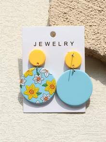 1对女士春夏黄色、白色花卉、浅蓝色陶瓷质感可爱优雅性感圆形亚克力耳环 - 彩色 - 查看 10
