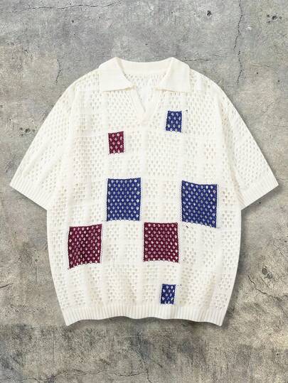  Áo thun dệt kim tay ngắn cổ bẻ, phối màu bất đối xứng, chất liệu lưới thoáng khí, cổ chữ V, thích hợp cho phong cách thể thao, công sở và đi làm, của ANDREILEE, dành cho mùa Xuân/Hè.