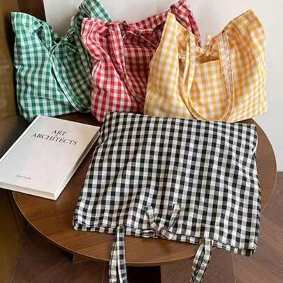 Summer Outdoor Travel Bag, Holiday Beach Bag, Fashionable Plaid Shoulder Large Bag, Casual One Shoulder Tote Bag, Travel Bag, Color Block Plaid Pattern Handbag, Shopping Bag, Versatile Commuter Bag ,Vacation Essentials, Vacation