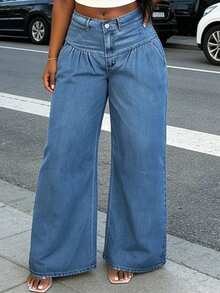 Women's Y2K Streetwear Wide Leg Jeans | Front Pleated Loose Fit Mid-Waist Casual Pants Suitable For Daily And Party Wear - Light Wash - View 6