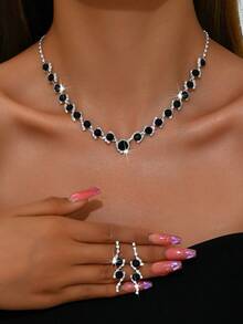 1 Set Fashionable Black Diamond Jewelry Set, Necklace And Earrings Suitable For Women's Wedding, Gala, Party Wear - Multicolor - View 13