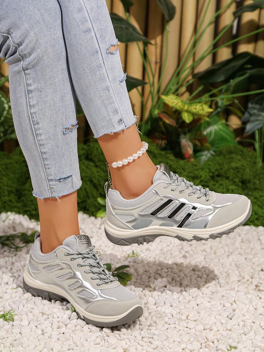 女士休闲运动鞋，新款百搭平底套脚鞋，时尚舒适轻便系带跑步鞋，圆头，透气 - 淺灰色 - 查看 1