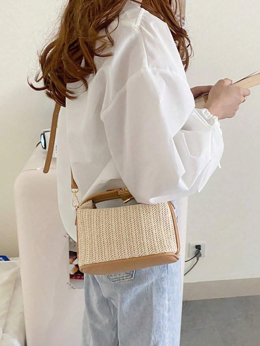 夏季编织手提包，休闲女士手提包，单肩斜挎包，沙滩必备，时尚夏季度假包，女士沙滩必备单品，假日编织包，编织包，春夏小包，新款韩版百搭斜挎包，简约清新编织单肩手提包，单肩包 - 彩色 - 查看 1