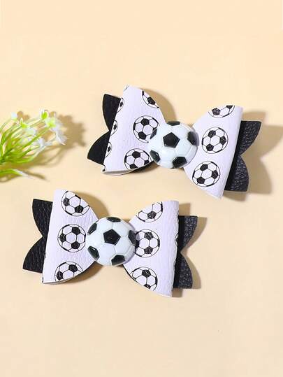 2件套足球黑白几何图案运动发夹 | 世界杯配饰，运动啦啦队发饰，带闪亮蝴蝶结人造革装饰，四季皆宜的足球迷礼物，1件/2件套