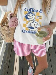 Conjunto de top de manga corta holgado y shorts a rayas con estampado de café y croissant, estilo casual de verano, inspiración de vacaciones, estilo costero, París, Los Ángeles, Londres, Bangkok - Blanco - Ver 3