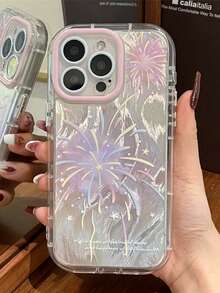 1pc Dreamy Pastel Firework Print Phone Case For IPhone17 16 15 14 13 12 11 17Pro Max 16Plus 15Pro 16Promax, Aesthetic Pink Frame Full Coverage Cute Phone Case - Pink Purple - View 7