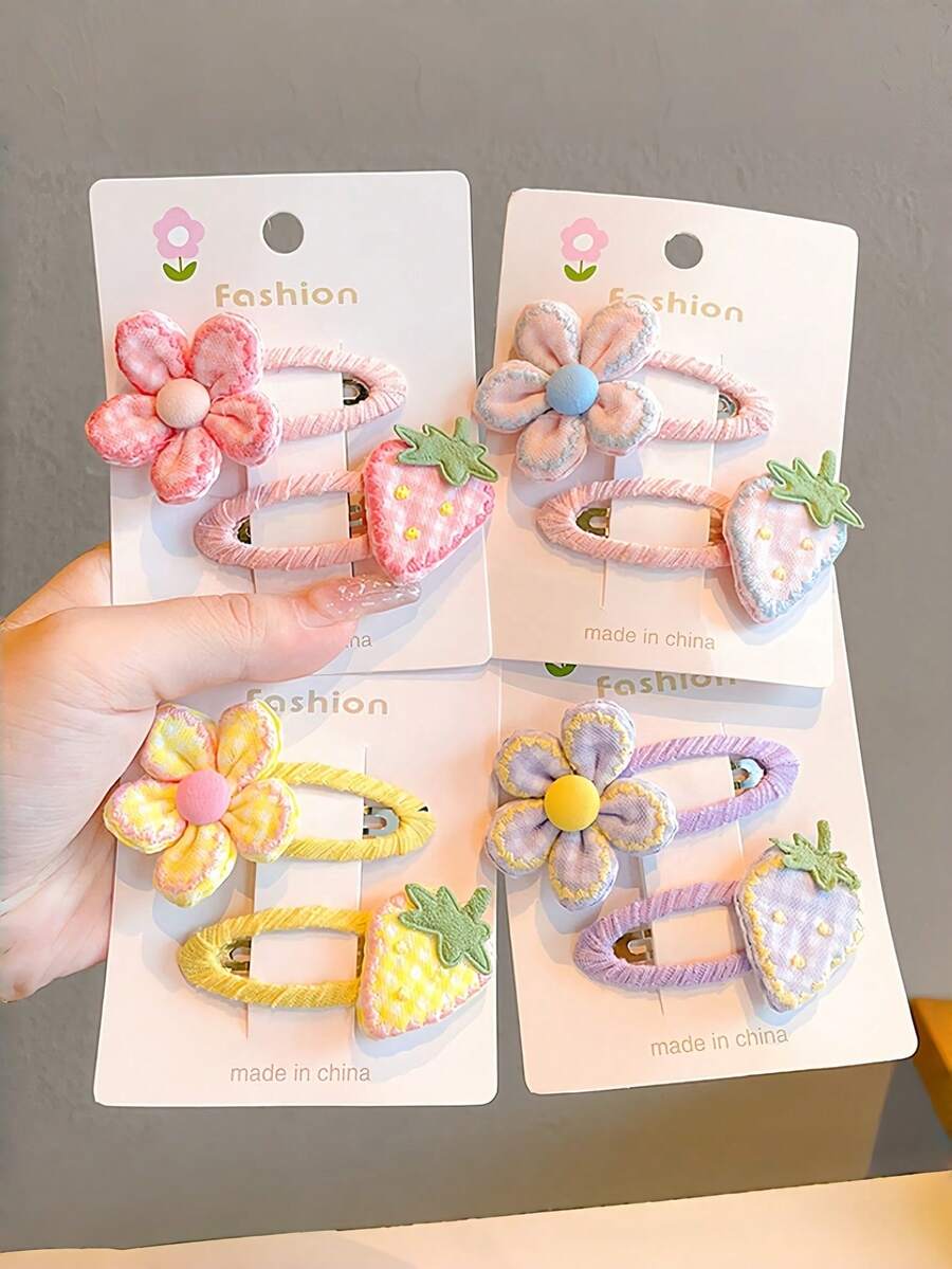 2件装女士花朵草莓发夹，刘海侧夹，布艺花朵发饰 - 彩色 - 查看 1