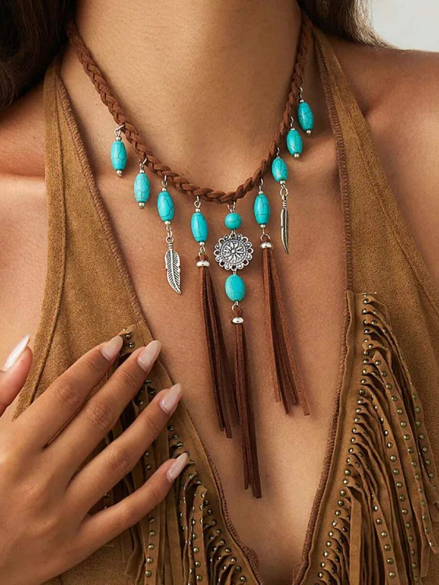 1pc Western Cowboy Vacation Style Rope Tassel Woven Women's Beaded Necklace, Faux Turquoise Feather Pendant, Suitable For Party Gift Daily Beach Vacation - Multicolor - View 1