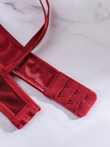 女士酒红色性感镂空拼接钢圈内衣套装，含低腰丁字裤 - 酒紅色 - 查看 5