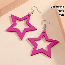 Wooden Minimalist Geometric Rose Pink Exaggerated Easy Punk Rock Y2K Star-Shaped Long Hollow Pendant Earrings Additions - 粉色 - 查看 1