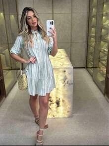 Women's Striped Midi Dress With Shirt Collar And Bishop Sleeves, Casual, With Buttons, Asymmetrical Hem, Summer And Beach. - 霧霾藍 - 查看 3