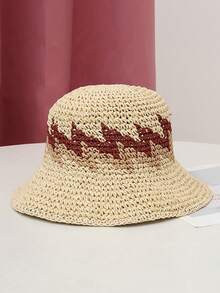 1顶女士休闲镂空草编渔夫帽，百搭夏季沙滩遮阳帽 - 彩色 - 查看 3