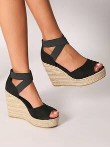 Zapatos de cuña casual con cuerda elástica cruzada y punta abierta de gamuza para mujer - Negro - Ver 2