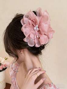 1pc Pearl Decor Super Fairy Pink Mesh Flower Big Hair Clip, Sweet Romantic Elegant Multifunctional Hair Accessory Suitable For Travel, Vacation, Party, Etc. Summer Beach Claw Clips Vacay Hair Claws Vacay Hair Clips - Pink - View 2