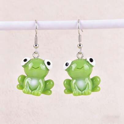 1对时尚3D青蛙大眼睛动物树脂吊坠耳环（女士款）