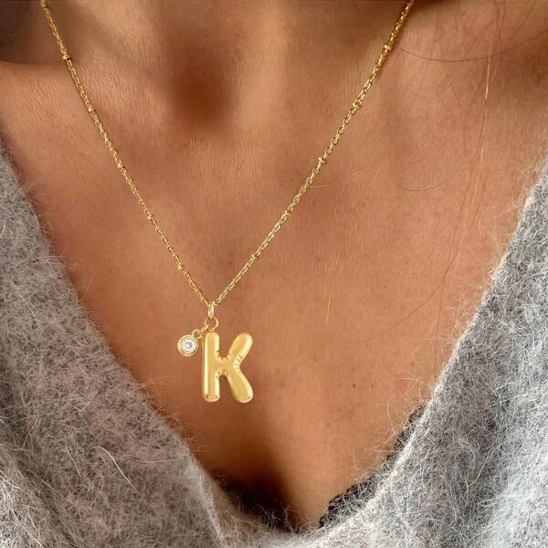 1pc Simple Classic Bubble Initial White Round Pendants Golden Stainless Steel Bead Chain Necklaces For Women