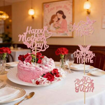 4pcs/Set Mother's Day Cake Topper, Flower & Heart Cake Toppers, "Best Mom" Cake Decorations, Happy Mother's Day Party Cake Decor