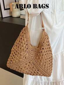 Ce sac fourre-tout tressé de couleur kaki peut être porté à l'épaule ou à la main. Il présente une grande capacité et un design d'ouverture polyvalent, parfait pour un sac de plage style vacances paresseuses. Très adapté pour les voyages et les courses. - Kaki - Voir 5