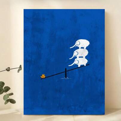 2D Flat Cartoon Blue Elephant Artwork, Single Panel Canvas Wall Art For Living Room & Bedroom, Home Decoration, Frameless Room Decor