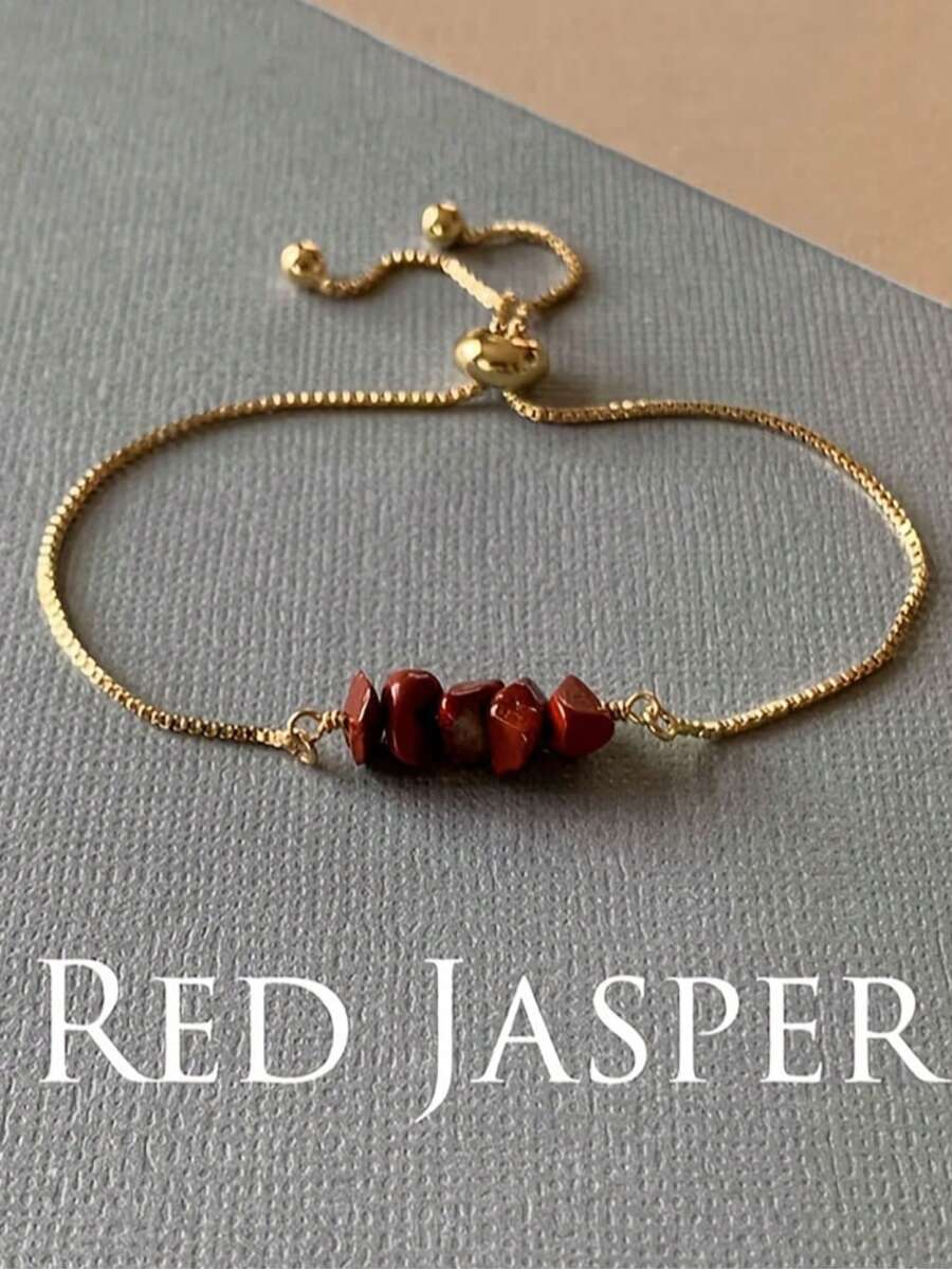 天然石串珠抽绳手链 - 天然石可调节手链 - 手工饰品礼品 - 三月四月五月生日礼物 - 紅色 - 查看 1