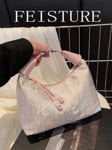1pc Solid Color Nylon Fabric Chinese Style Embroidered Pattern Random Style Portable Bucket Bag, Suitable For Shopping, Dating, Women's Gift, Suitable For White-Collar, Office, Work, School, Commuting - Pink - View 3