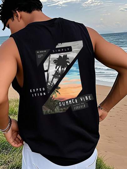 1pc Men's Summer Printed Round Neck Casual Tank Top