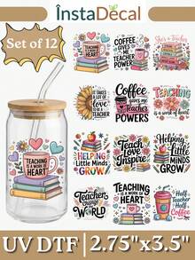 12pcs/Set Teacher Appreciation UV DTF Transfer Sticker (2.75x3.5in) No Heat Needed, Teaching Is A Work Of Heart Motivational Quote, Helping Little Minds Grow School Supplies Decal, Coffee Apple Books Waterproof Rub On Sticker DIY Gift - TCHR 01 - View 7