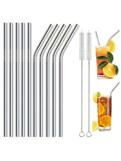 12件/套 304不锈钢弯管、直管、清洁刷吸管套装 - 可重复使用，非常便携，适用于果汁、奶昔、奶茶、咖啡、鸡尾酒等。吸管套装，不锈钢吸管，厨房用具，厨具，酒吧用品，家居用品，居家必备，家居装饰，节日派对，女士礼物，男士礼物，朋友礼物，非常实用！！！强烈推荐！！！