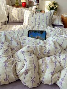 4件套紫色蝴蝶结图案床上用品（1个被套、2个枕套、1个床单），可爱优雅风格，柔软亲肤，适合单人/双人床，四季皆宜。 - 淡紫色 - 查看 10