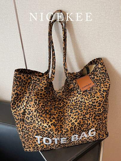 Fashionable Large Capacity Versatile Leopard Print Shoulder Bag, Niche Design Personalized Letter Tote Bag, Temperament Casual Retro Armpit Bag, Suitable For Shopping, Daily Outings, Parties, Commuting