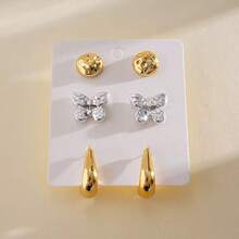 3 Pairs Gold-Tone Earrings Set, Includes Butterfly Stud Earrings, Teardrop Earrings, Suitable For Daily Wear And Parties - Butterfly - View 6