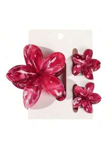 3pcs Bohemian Ombre Marble Flower Hair Clips Set, Suitable For Beach Vacation, Spring/Summer - Marble Wine Red - View 4