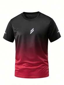 Plus Size Men's T-Shirt, Ombre Minimalist Print Round Neck Short Sleeve Casual Sports Tee, Polyester Knit Fabric, And For Summer, Best Gift Choice Red - Red - View 2