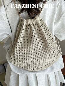 This Off-White Solid Color Knitted Backpack Features A Unique And Versatile Open Design. Its Relaxed, Sophisticated Style Makes It Perfect For Both Travel And Shopping. - Beige - View 3