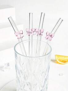 2/4pcs Glass Straws With Cleaning Brush, Reusable Drinking Straws With Bow Decor, Anti-Drop & Bend Transparent Glass Straws, Suitable For Iced Coffee - View 3