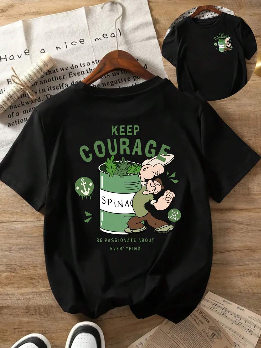 Women's Round Neck Fitted-Shirt, Front And Back Printed Short-Sleeve-Shirt, Cartoon Character Green Large Jar Print Casual-Shirt Top - Women's Clot - Black - View 1