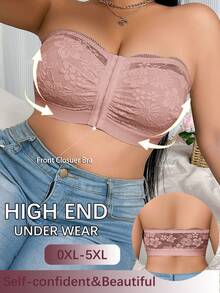 Plus Size Comfortable Front Closure Lace Patchwork Wireless Bra - Apricot - View 2