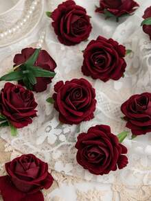 5/15/25朵人造丝绒玫瑰花，适用于婚礼派对装饰、蛋糕装饰、家居客厅桌面装饰、仿真植物、秋季装饰、房间装饰、桌面装饰、花园装饰、房间装饰用品、情人节新娘腕花礼物、生日毕业典礼等场合。 - 酒紅色 - 查看 2