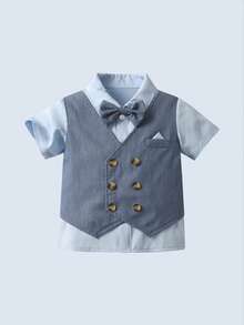 BOARNSEORL Baby Jungen Gentleman Outfit 2 in 1 Kurzarm Hemd mit Fliege und Shorts, modisch, geeignet für Outdoor, Hochzeit, Party, Weihnachten, Geburtstag, Taufe - Grau - Übersicht 4