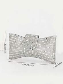 This Stylish Women's Evening Clutch Is Adorned With Rhinestones And A Metal Chain, And Features A Magnetic Closure, Making It Perfect For A Variety Of Occasions, Including Parties And Banquets. - Silver - View 3